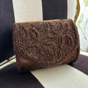 Vintage Carlo Fellini Bronze Copper Beaded Structured Evening Clutch